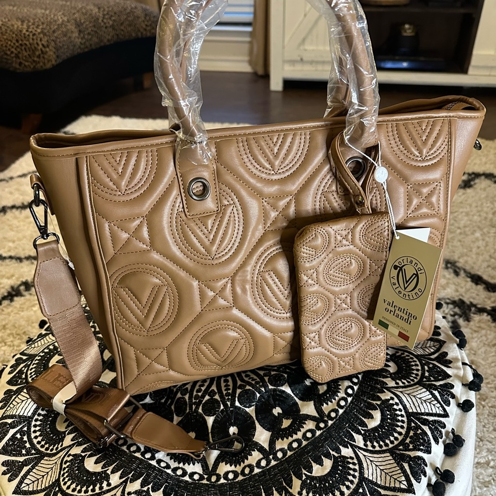 Valentino Tan Quilted Tote and Wallet Set